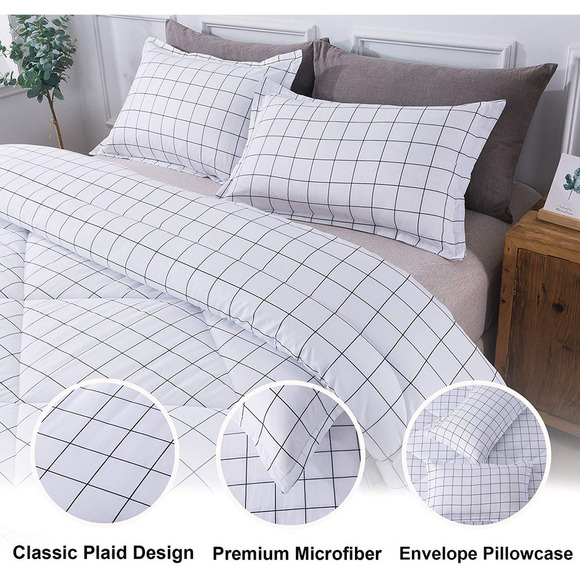 Andency White Grid Comforter Queen, 3 Pieces White Plaid Comforter Set - Picture 2 of 6